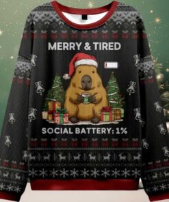 Merry And Tired Social Battery 1% Ugly Christmas Sweater