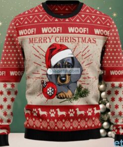 Merry Dachshund Dog Woof Ugly Christmas Sweater Red Best, hoodie, sweater, long sleeve and tank top Merry Dachshund Dog Woof Ugly Christmas Sweater Red Best