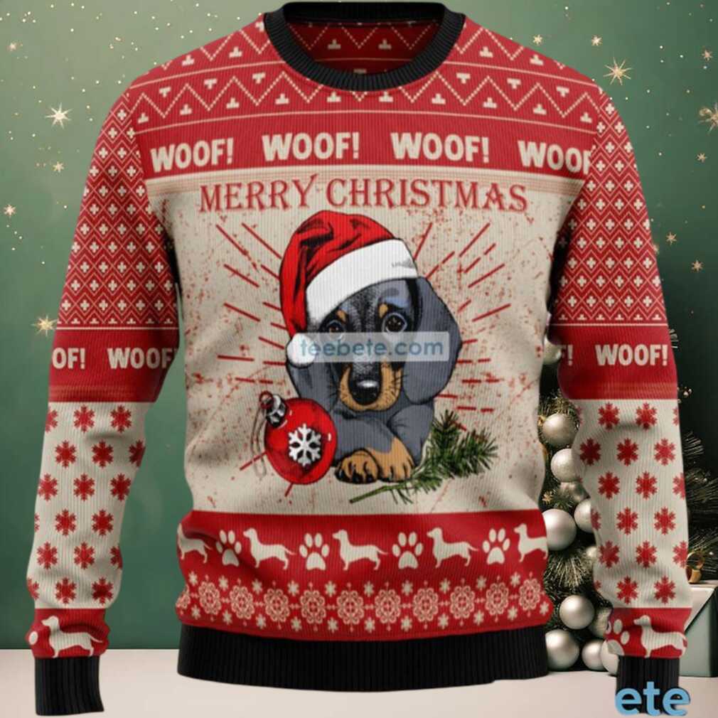 Merry Dachshund Dog Woof Ugly Christmas Sweater Red Best, hoodie, sweater, long sleeve and tank top Merry Dachshund Dog Woof Ugly Christmas Sweater Red Best detail