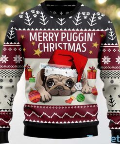 Merry Puggin Dog Face Ugly Christmas Sweatshirt Red