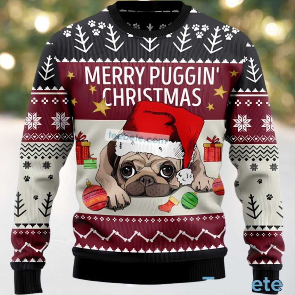 Merry Puggin Dog Face Ugly Christmas Sweatshirt Red, hoodie, sweater, long sleeve and tank top Merry Puggin Dog Face Ugly Christmas Sweatshirt Red