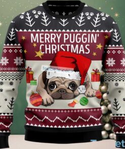 Merry Puggin Dog Face Ugly Christmas Sweatshirt Red, hoodie, sweater, long sleeve and tank top Merry Puggin Dog Face Ugly Christmas Sweatshirt Red