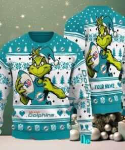 Miami Dolphins Grinch With Ball NFL Ugly Christmas Sweater Miami Dolphins Grinch With Ball NFL Ugly Christmas Sweater