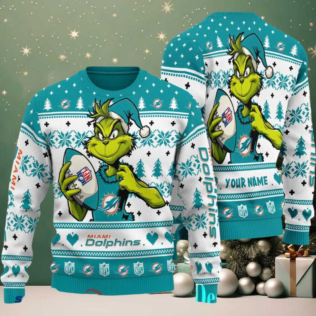 Miami Dolphins Grinch With Ball NFL Ugly Christmas Sweater Miami Dolphins Grinch With Ball NFL Ugly Christmas Sweater