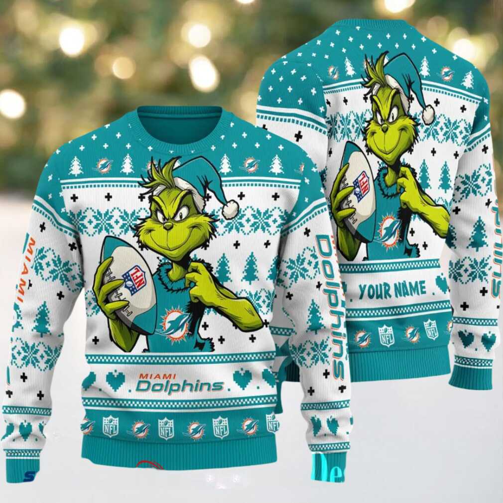 Miami Dolphins Grinch With Ball NFL Ugly Christmas Sweater Miami Dolphins Grinch With Ball NFL Ugly Christmas Sweater