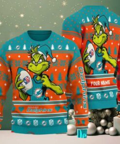 Miami Dolphins Grinch With Ball NFL Ugly Christmas Sweaters Miami Dolphins Grinch With Ball NFL Ugly Christmas Sweaters