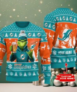 Miami Dolphins Grinch With Beer Ugly Christmas Sweate Miami Dolphins Grinch With Beer Ugly Christmas Sweate