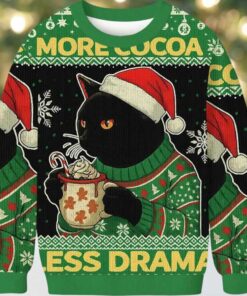 More Cocoa Less Drama Cat Meme Christmas Ugly Sweater