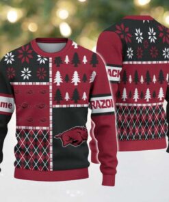 NCAA Arkansas Razorbacks Football Team Xmas Tree Snow Custom Name Ugly Christmas Sweater