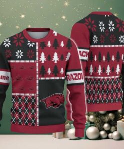 NCAA Arkansas Razorbacks Football Team Xmas Tree Snow Custom Name Ugly Christmas Sweater