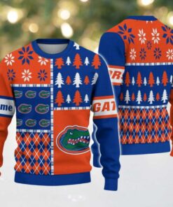 NCAA Florida Gators Football Team Xmas Tree Snow Custom Name Ugly Christmas Sweater