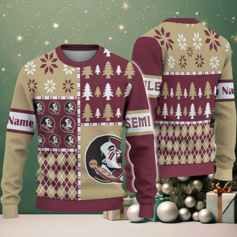 NCAA Florida State Seminoles Football Team Xmas Tree Snow Custom Name Ugly Christmas Sweater NCAA Florida State Seminoles Football Team Xmas Tree Snow Custom Name Ugly Christmas Sweater
