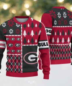 NCAA Georgia Bulldogs Football Team Xmas Tree Snow Custom Name Ugly Christmas Sweater