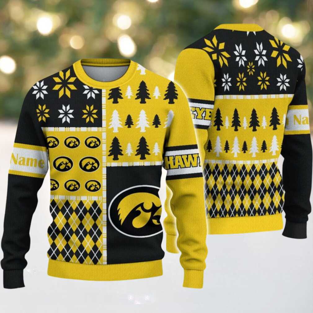 NCAA Iowa Hawkeyes Football Team Xmas Tree Snow Custom Name Ugly Christmas Sweater NCAA Iowa Hawkeyes Football Team Xmas Tree Snow Custom Name Ugly Christmas Sweater