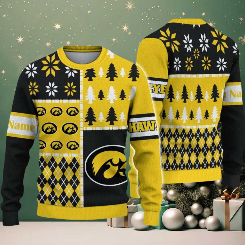 NCAA Iowa Hawkeyes Football Team Xmas Tree Snow Custom Name Ugly Christmas Sweater NCAA Iowa Hawkeyes Football Team Xmas Tree Snow Custom Name Ugly Christmas Sweater