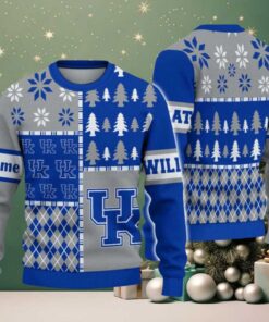 NCAA Kentucky Wildcats Football Team Xmas Tree Snow Custom Name Ugly Christmas Sweater