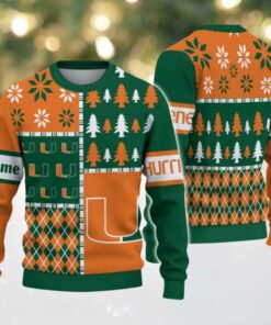 NCAA Miami Hurricanes Football Team Xmas Tree Snow Custom Name Ugly Christmas Sweater