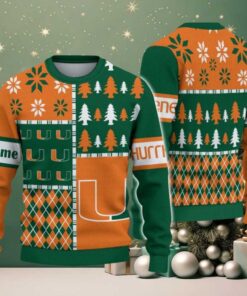 NCAA Miami Hurricanes Football Team Xmas Tree Snow Custom Name Ugly Christmas Sweater