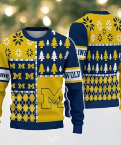 NCAA Michigan Wolverines Football Team Xmas Tree Snow Custom Name Ugly Christmas Sweater