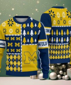 NCAA Michigan Wolverines Football Team Xmas Tree Snow Custom Name Ugly Christmas Sweater