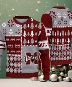 NCAA Mississippi State Bulldogs Football Team Xmas Tree Snow Custom Name Ugly Christmas Sweater
