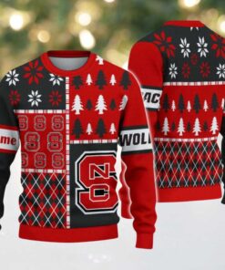 NCAA NC State Wolfpack Football Team Xmas Tree Snow Custom Name Ugly Christmas Sweater