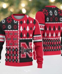 NCAA Nebraska Cornhuskers Football Team Xmas Tree Snow Custom Name Ugly Christmas Sweater