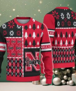 NCAA Nebraska Cornhuskers Football Team Xmas Tree Snow Custom Name Ugly Christmas Sweater