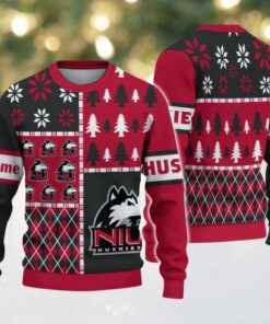 NCAA Northern Illinois Huskies Football Team Xmas Tree Snow Custom Name Ugly Christmas Sweater