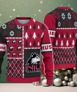 NCAA Northern Illinois Huskies Football Team Xmas Tree Snow Custom Name Ugly Christmas Sweater