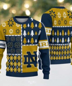 NCAA Notre Dame Fighting Irish Football Team Xmas Tree Snow Custom Name Ugly Christmas Sweater