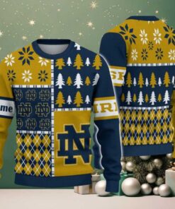 NCAA Notre Dame Fighting Irish Football Team Xmas Tree Snow Custom Name Ugly Christmas Sweater