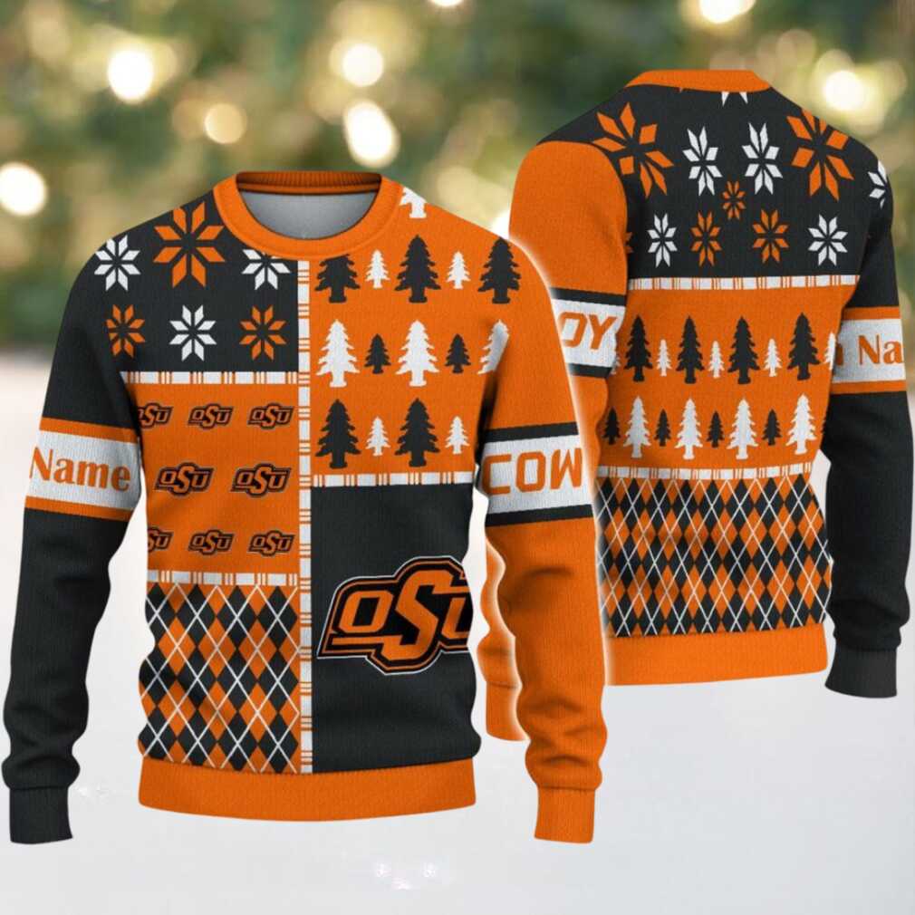 NCAA Oklahoma State Cowboys Football Team Xmas Tree Snow Custom Name Ugly Christmas Sweater NCAA Oklahoma State Cowboys Football Team Xmas Tree Snow Custom Name Ugly Christmas Sweater