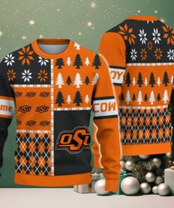 NCAA Oklahoma State Cowboys Football Team Xmas Tree Snow Custom Name Ugly Christmas Sweater