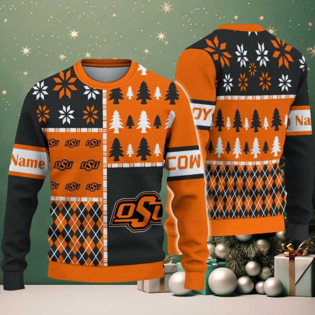 NCAA Oklahoma State Cowboys Football Team Xmas Tree Snow Custom Name Ugly Christmas Sweater NCAA Oklahoma State Cowboys Football Team Xmas Tree Snow Custom Name Ugly Christmas Sweater