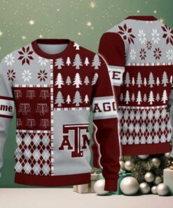 NCAA Texas A&ampM Aggies Football Team Xmas Tree Snow Custom Name Ugly Christmas Sweater