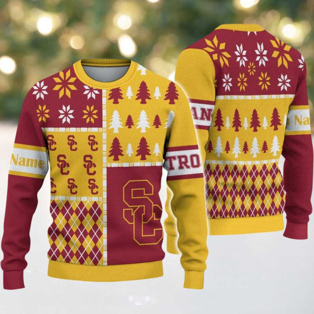 NCAA USC Trojans Football Team Xmas Tree Snow Custom Name Ugly Christmas Sweater NCAA USC Trojans Football Team Xmas Tree Snow Custom Name Ugly Christmas Sweater