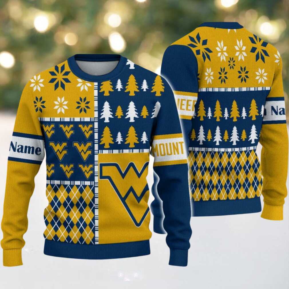 NCAA West Virginia Mountaineers Football Team Xmas Tree Snow Custom Name Ugly Christmas Sweater NCAA West Virginia Mountaineers Football Team Xmas Tree Snow Custom Name Ugly Christmas Sweater
