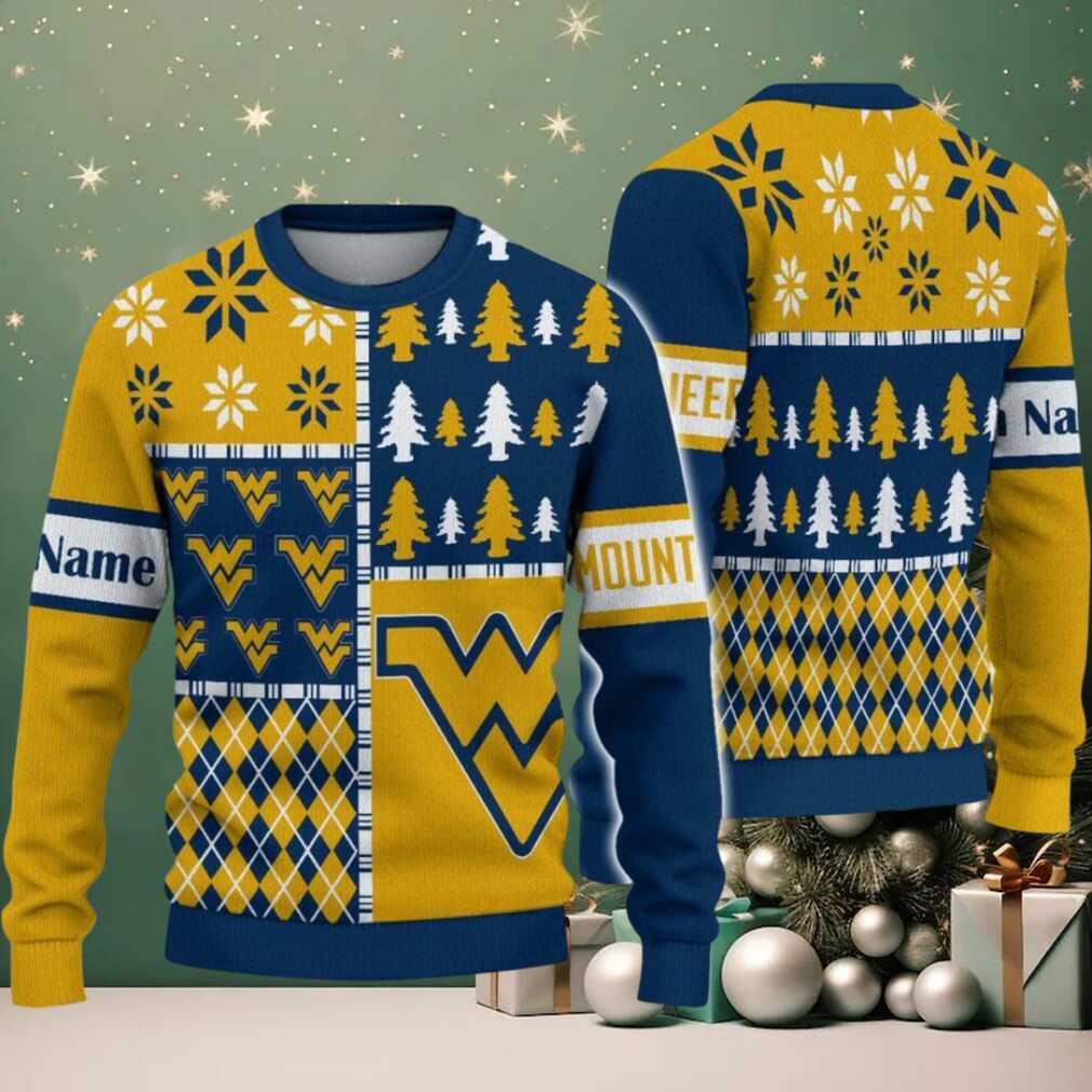 NCAA West Virginia Mountaineers Football Team Xmas Tree Snow Custom Name Ugly Christmas Sweater NCAA West Virginia Mountaineers Football Team Xmas Tree Snow Custom Name Ugly Christmas Sweater