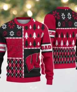 NCAA Wisconsin Badgers Football Team Xmas Tree Snow Custom Name Ugly Christmas Sweater