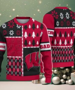 NCAA Wisconsin Badgers Football Team Xmas Tree Snow Custom Name Ugly Christmas Sweater