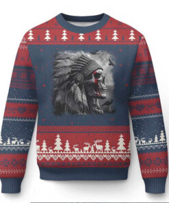 Native American Indian Chief Skull Headdress Crow Ugly Christmas Sweater