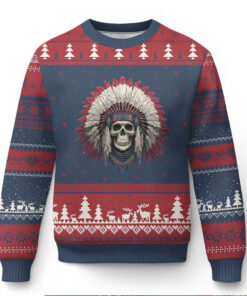Native American Indian Chief Skull Headdress Ugly Christmas Sweater