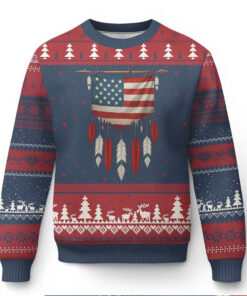Native American Vintage Feathers USA Flag Ugly Christmas Sweater Native American Vintage Feathers USA Flag Ugly Christmas Sweater
