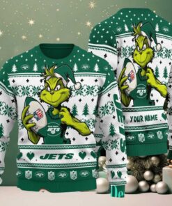 New York Jets Grinch With Ball NFL Ugly Christmas Sweater New York Jets Grinch With Ball NFL Ugly Christmas Sweater