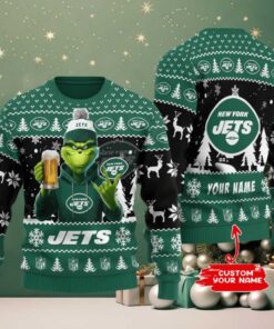 New York Jets Grinch With Beer Ugly Christmas Sweater New York Jets Grinch With Beer Ugly Christmas Sweater
