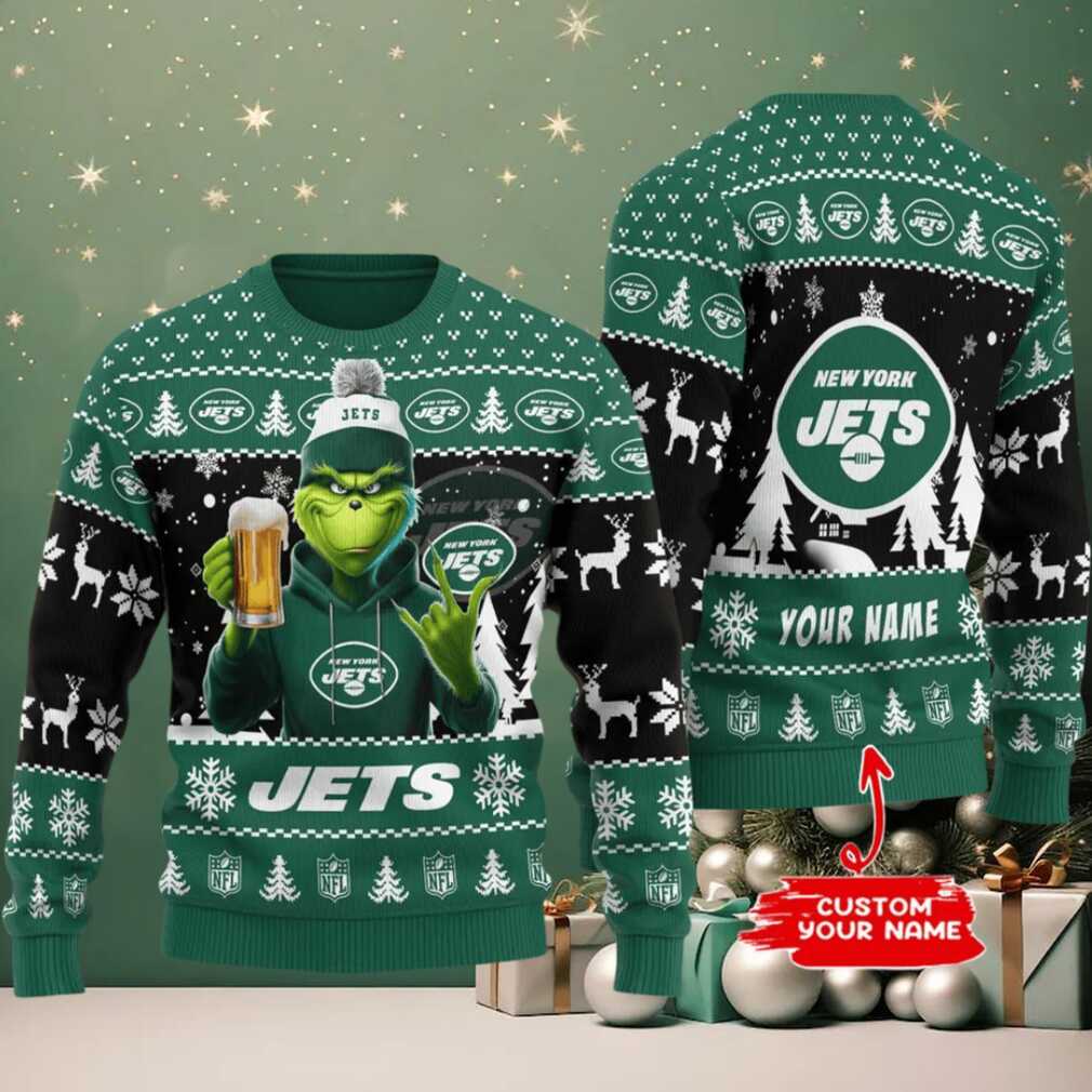 New York Jets Grinch With Beer Ugly Christmas Sweater New York Jets Grinch With Beer Ugly Christmas Sweater