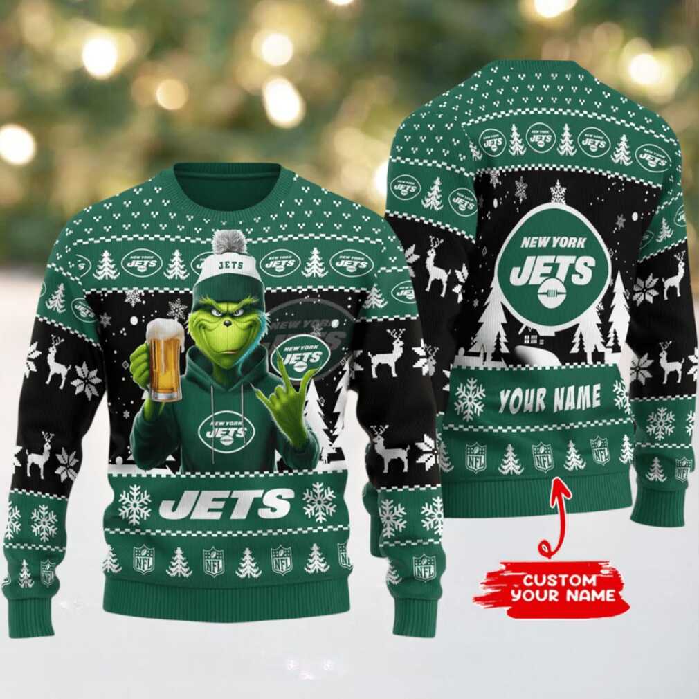 New York Jets Grinch With Beer Ugly Christmas Sweater New York Jets Grinch With Beer Ugly Christmas Sweater