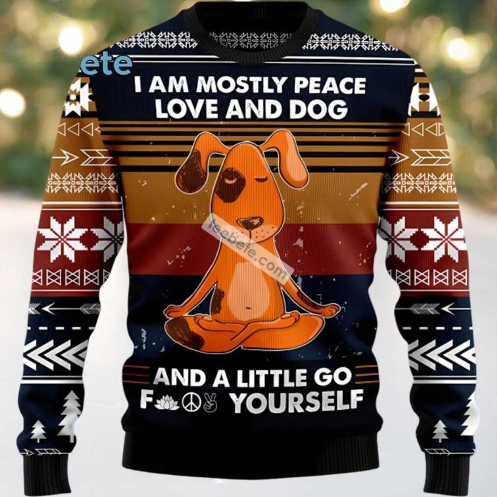 Peace Love And Dog Yoga Ugly Christmas Sweater Blue Funny, hoodie, sweater, long sleeve and tank top Peace Love And Dog Yoga Ugly Christmas Sweater Blue Funny
