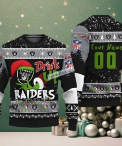 Personalized Las Vegas Raiders Grinch Drink Up Best Christmas Ugly Sweaters Black Grey Personalized Las Vegas Raiders Grinch Drink Up Best Christmas Ugly Sweaters Black Grey